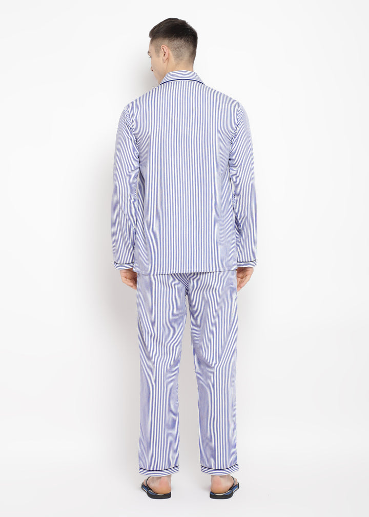 Dark Blue Stripe Print Long Sleeve Men's Night Suit