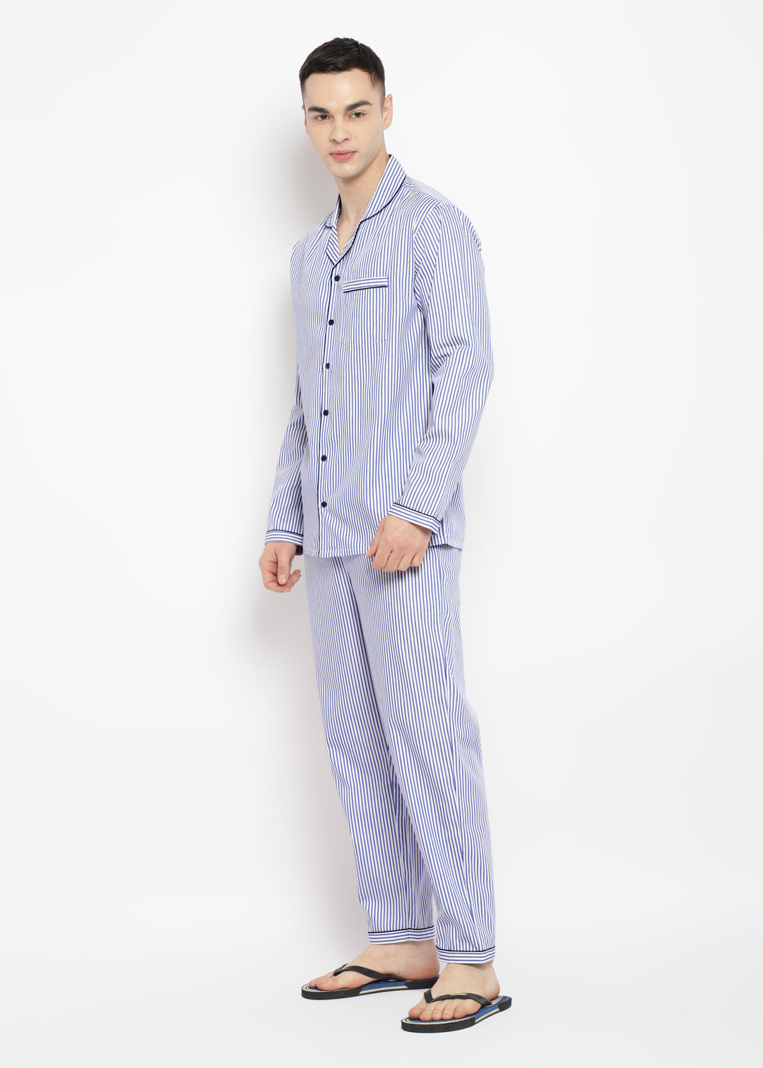 Dark Blue Stripe Print Long Sleeve Men's Night Suit