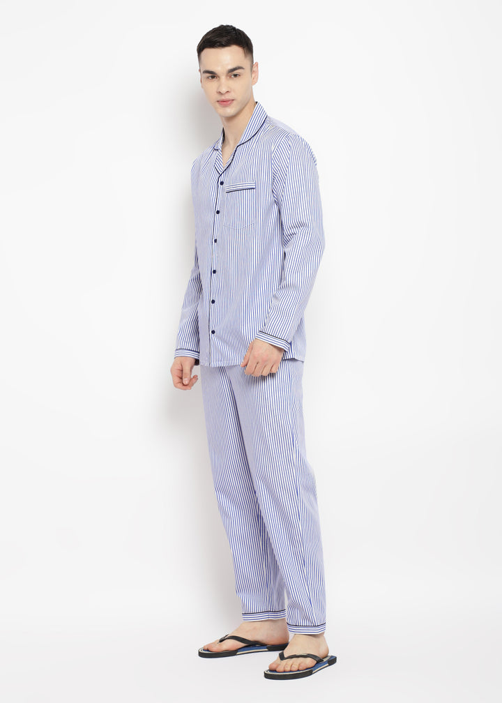 Dark Blue Stripe Print Long Sleeve Men's Night Suit