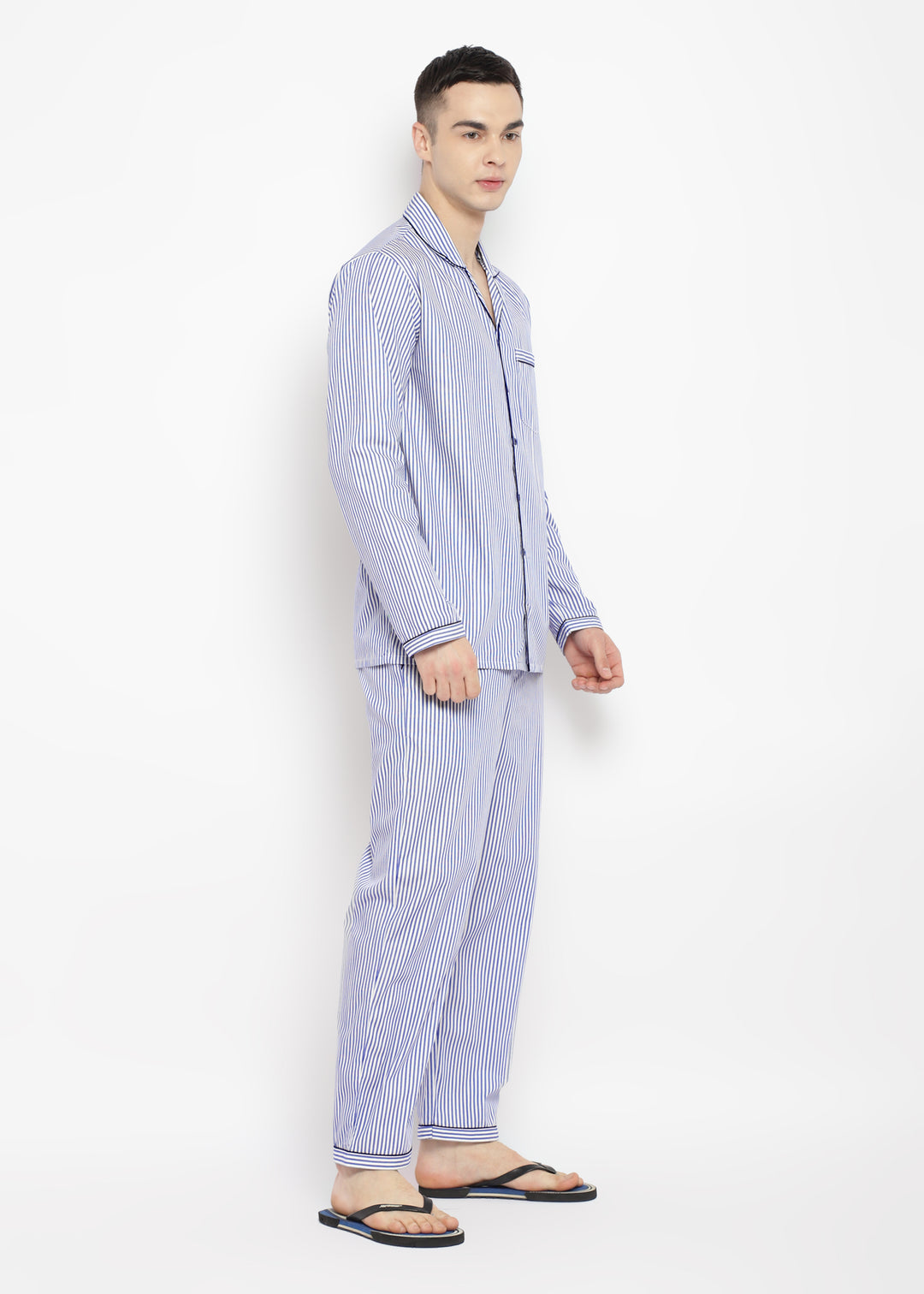 Dark Blue Stripe Print Long Sleeve Men's Night Suit