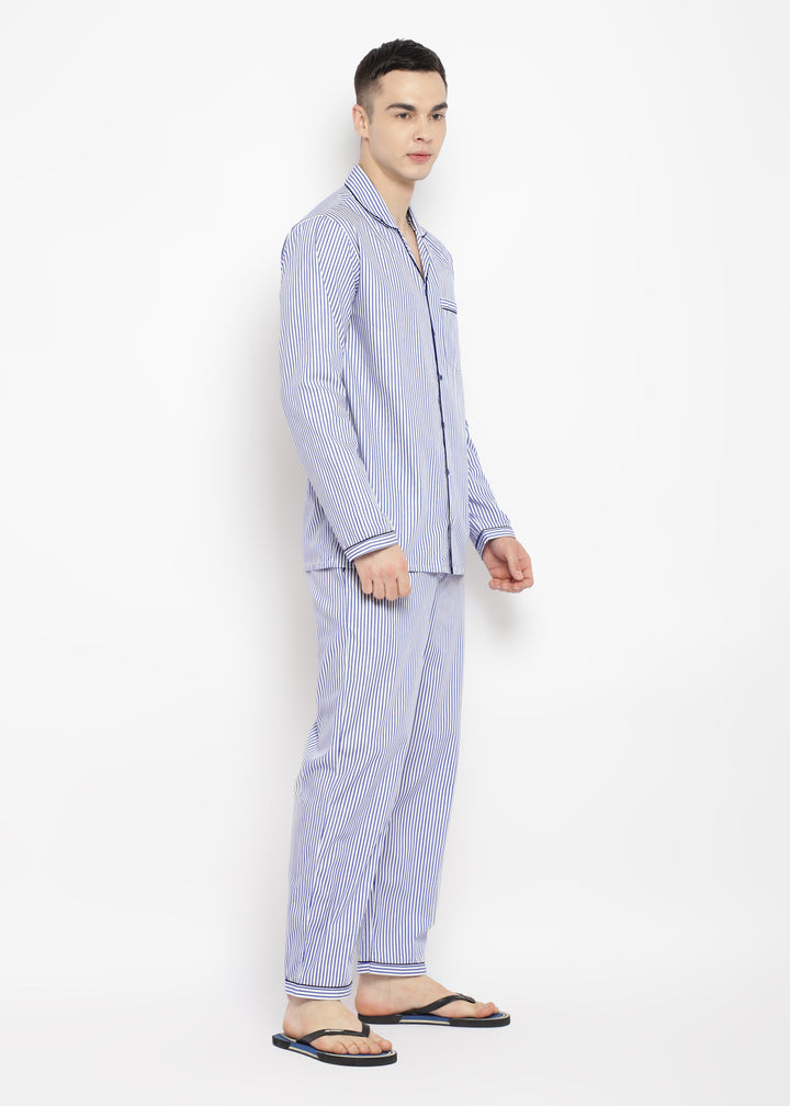 Dark Blue Stripe Print Long Sleeve Men's Night Suit