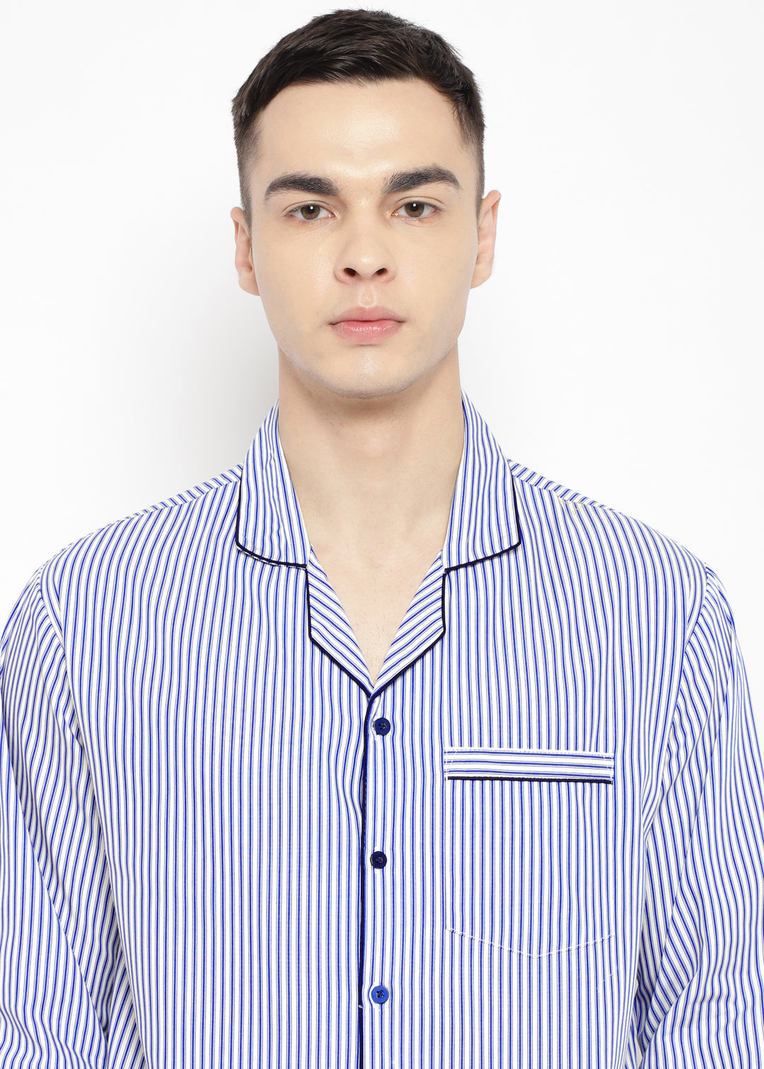 Dark Blue Stripe Print Long Sleeve Men's Night Suit