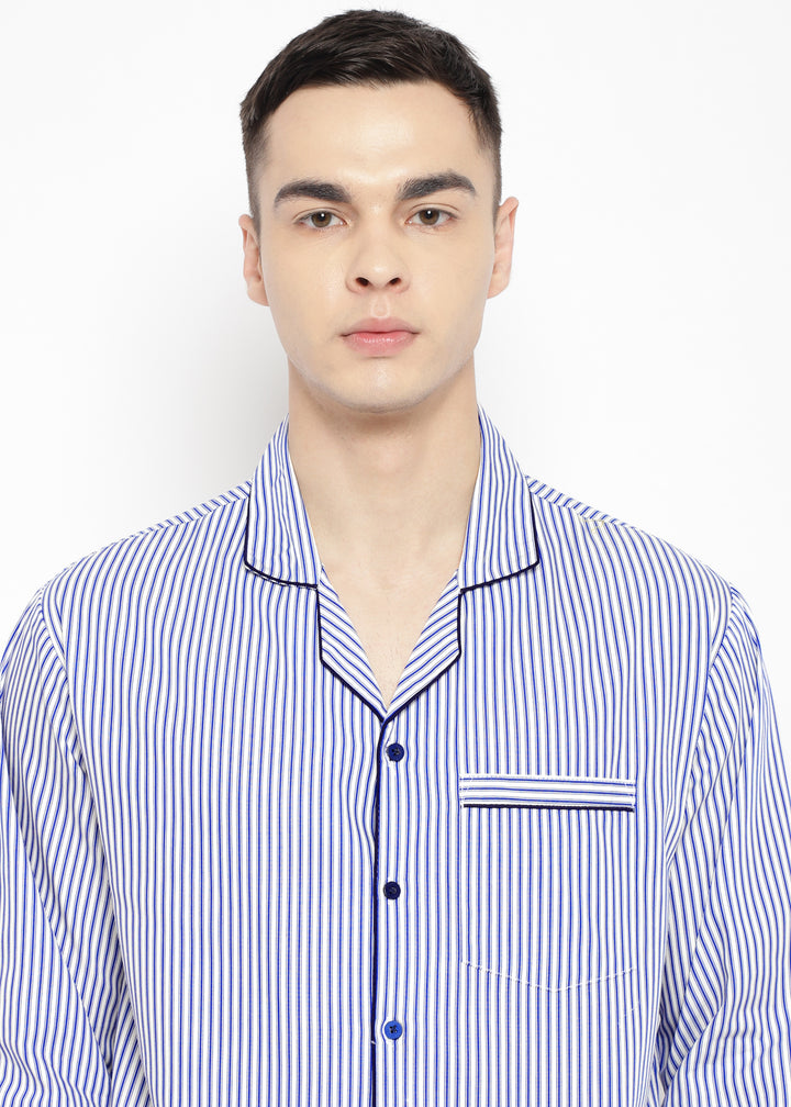 Dark Blue Stripe Print Long Sleeve Men's Night Suit