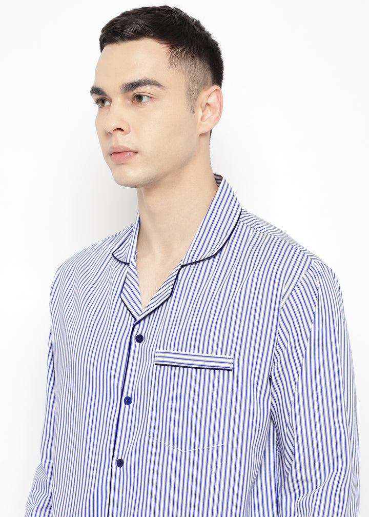 Dark Blue Stripe Print Long Sleeve Men's Night Suit