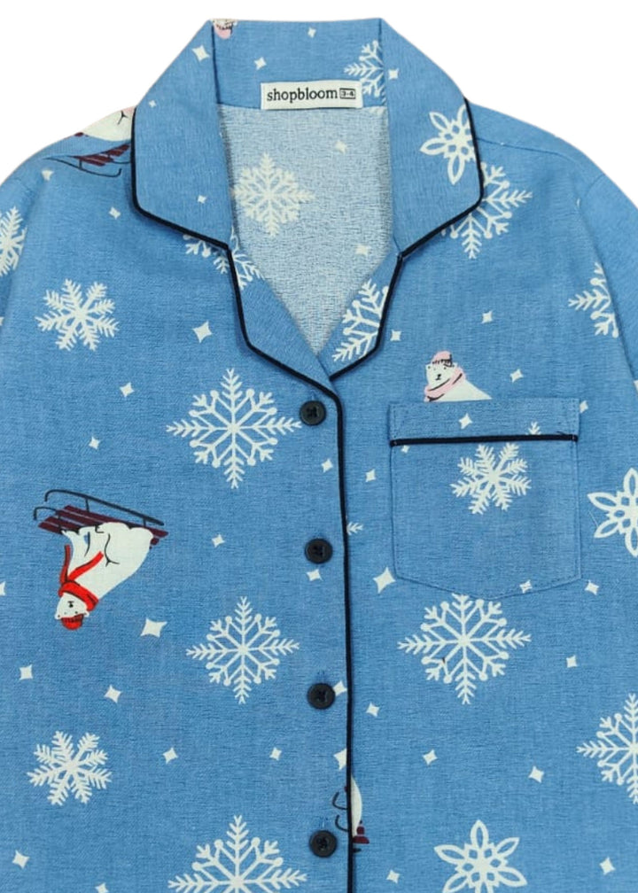 Snowy Bear Cotton Flannel Long Sleeve Kids Night Suit