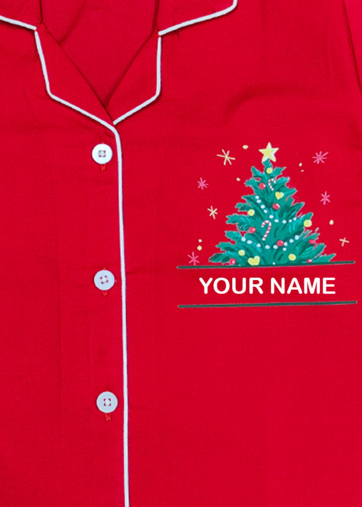Women's Customized Name Christmas Tree Print Long Sleeve Night Suit