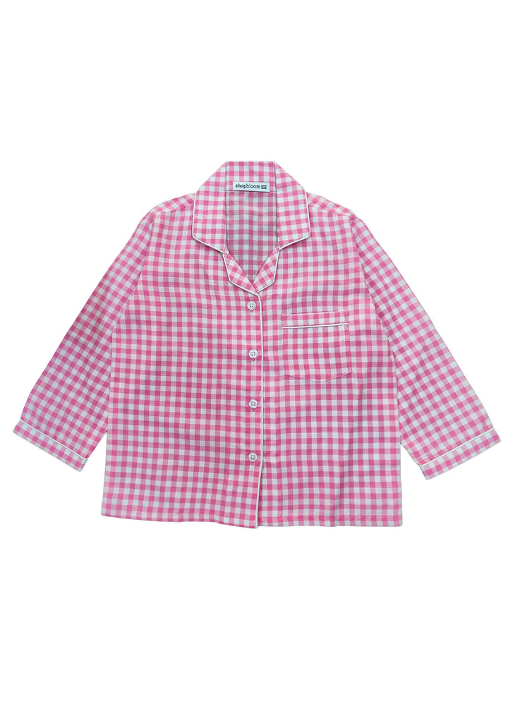 Pink Checkered Print Long Sleeve Kids Night Suit