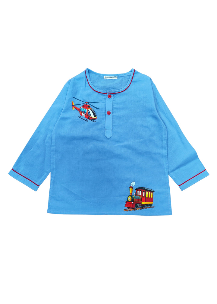 Sky & Tracks Print Round Neck Long Sleeve Kids Night Suit