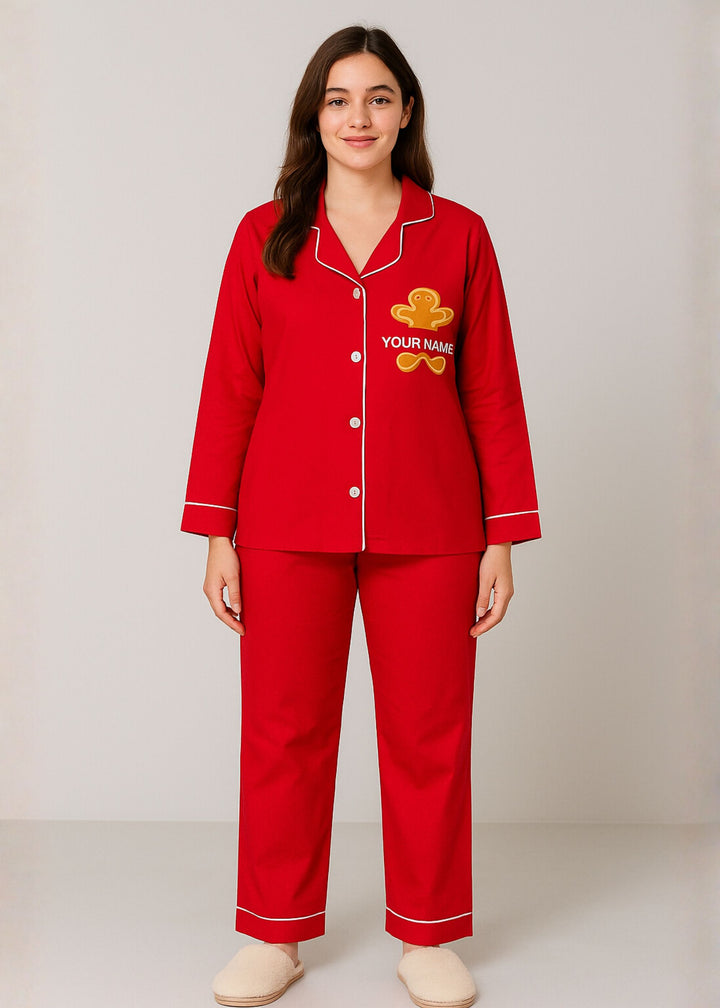 Women's Customized Name Gingerbread Print Long Sleeve Night Suit