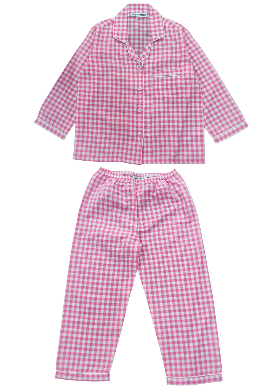 Pink Checkered Print Long Sleeve Kids Night Suit