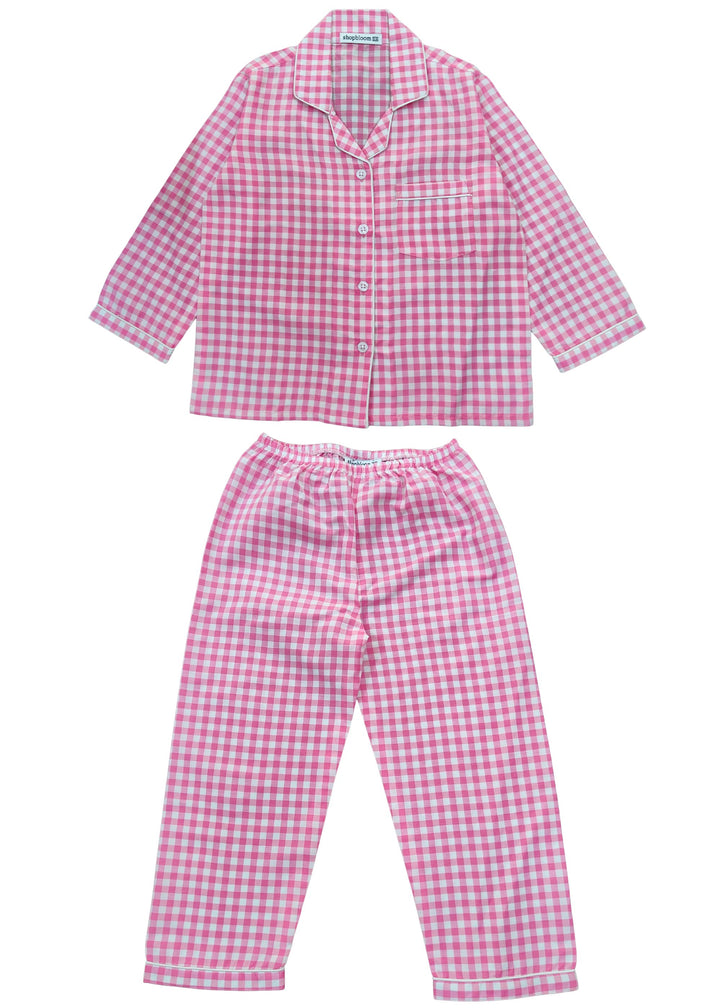 Pink Checkered Print Long Sleeve Kids Night Suit