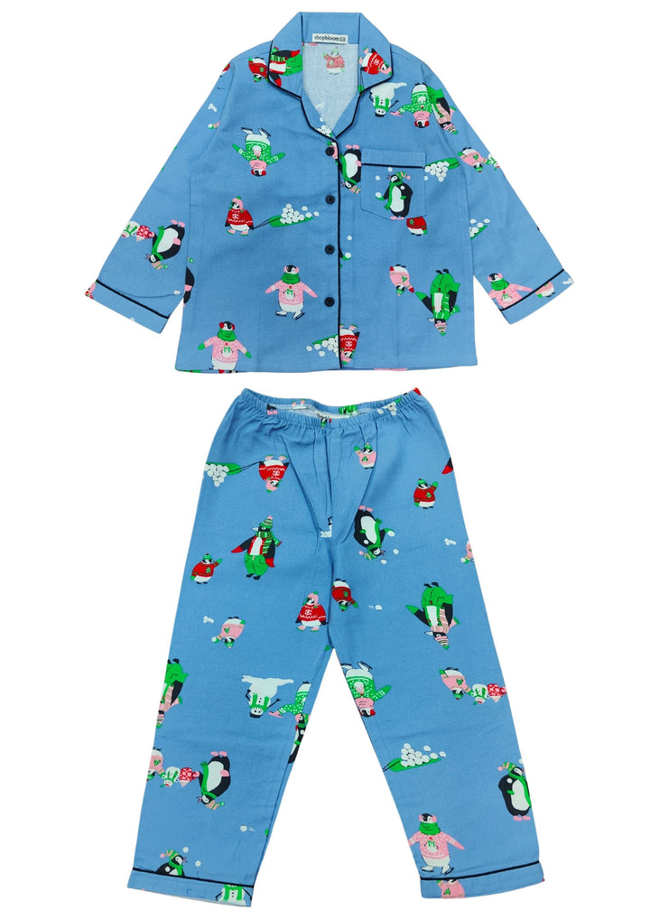 Frosty Penguin Dreams Cotton Flannel Long Sleeve Kids Night Suit