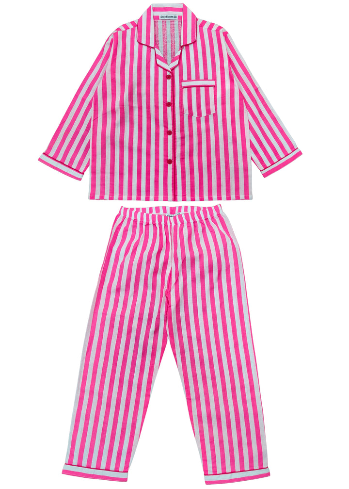 Neon Pink Stripes Long Sleeve Kids Night Suit