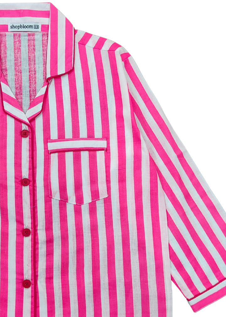 Neon Pink Stripes Long Sleeve Kids Night Suit