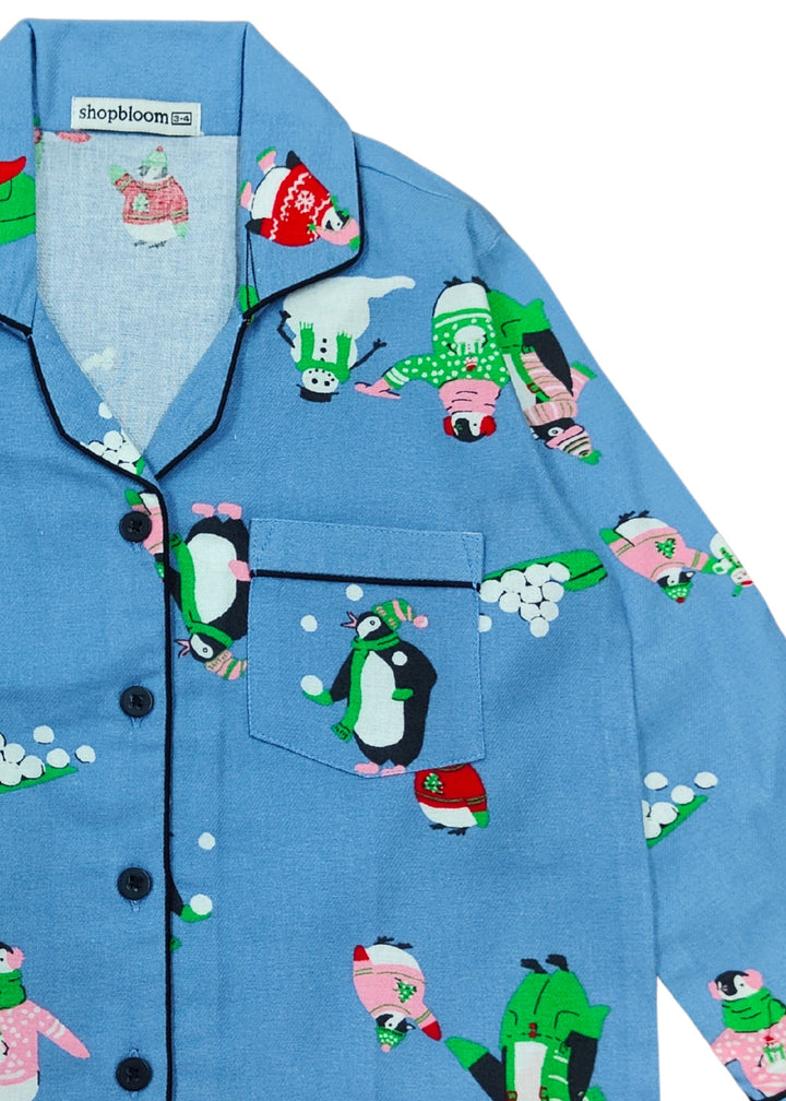 Frosty Penguin Dreams Cotton Flannel Long Sleeve Kids Night Suit