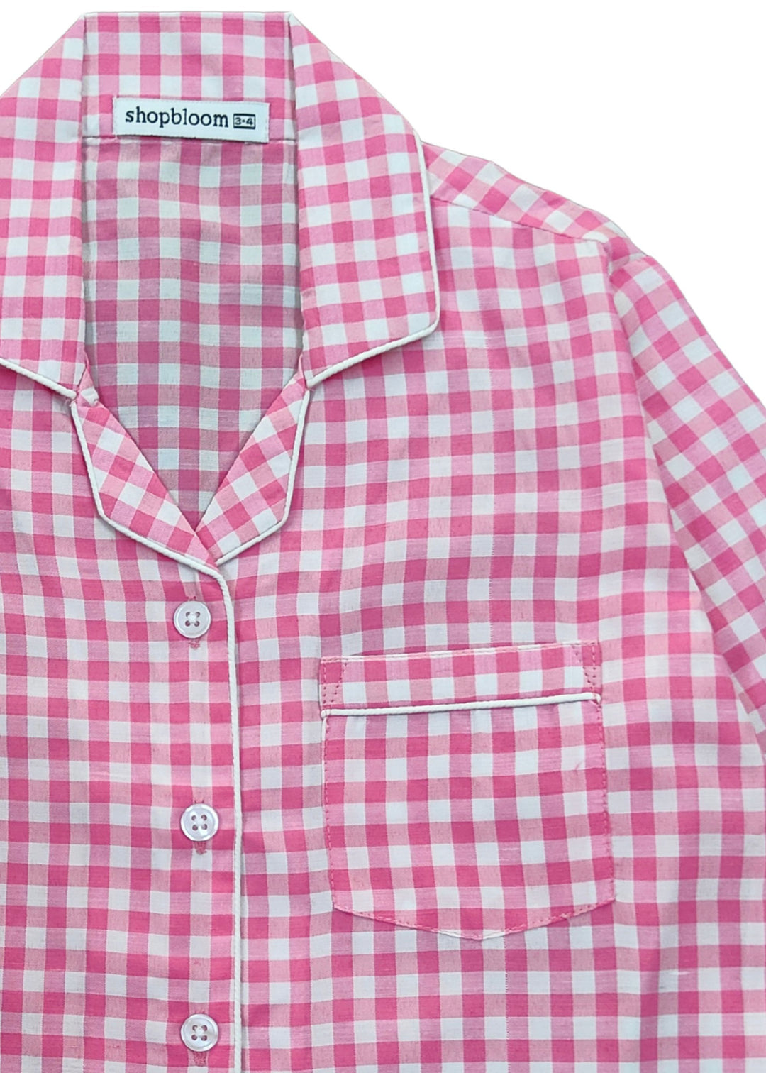 Pink Checkered Print Long Sleeve Kids Night Suit