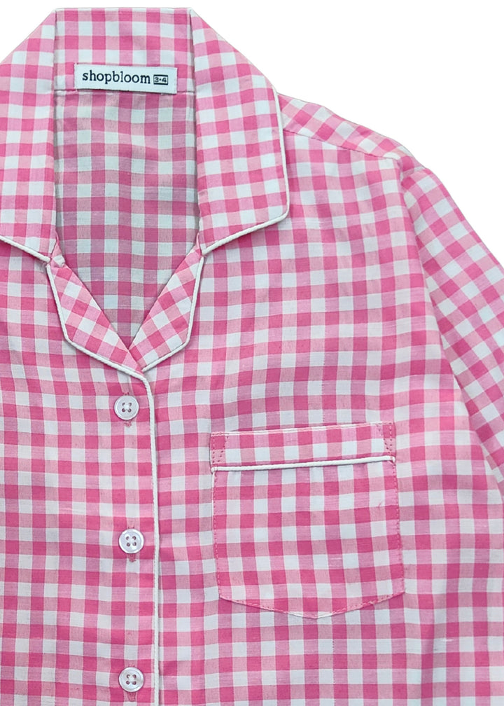 Pink Checkered Print Long Sleeve Kids Night Suit