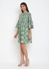 Pleated Green Print Short Dress