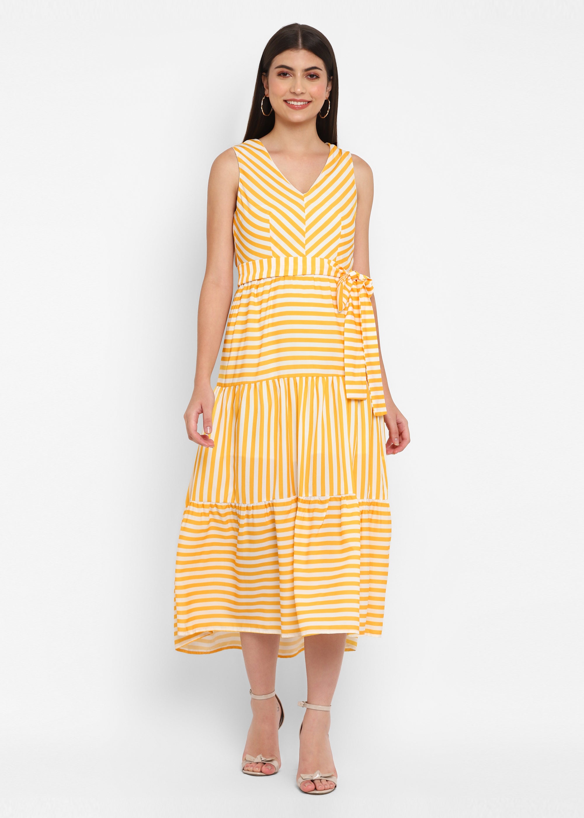 V Neck Yellow Stripe Midi Dress
