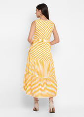 V Neck Yellow Stripe Midi Dress