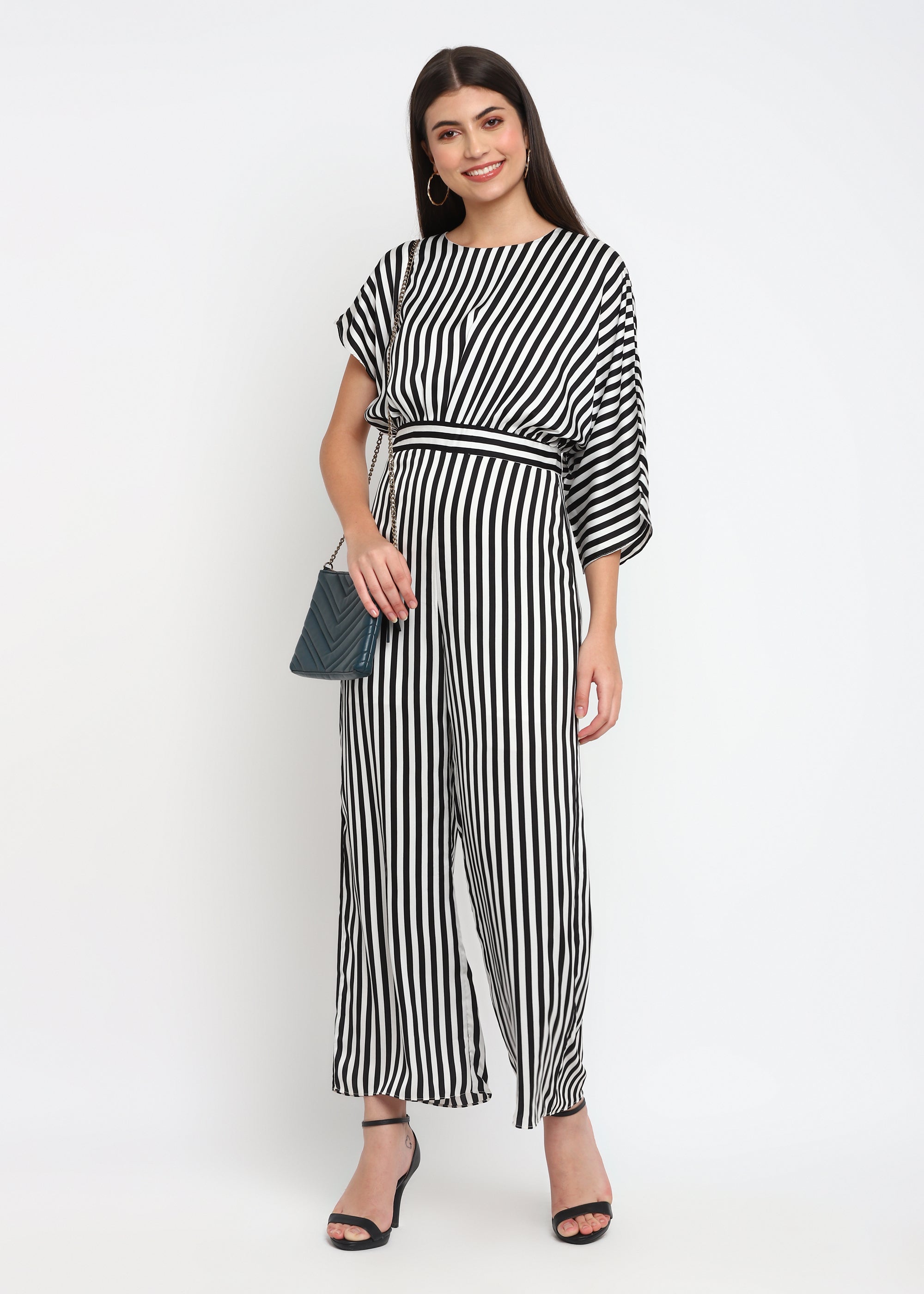 Asymmetrical Sleeve Stripe Jumpsuit