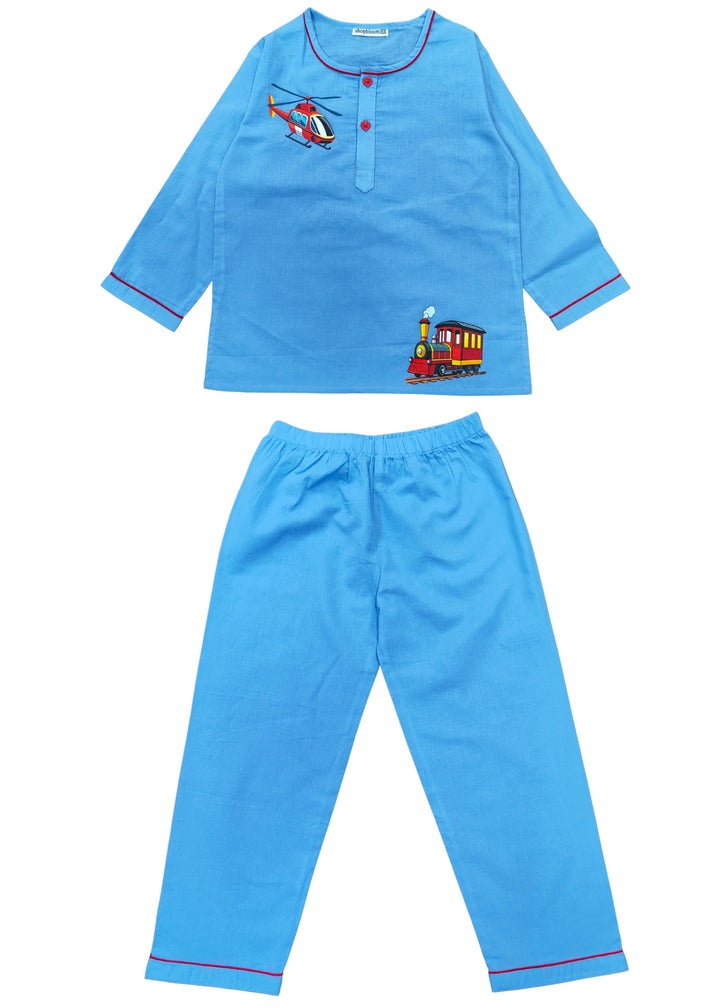 Sky & Tracks Print Round Neck Long Sleeve Kids Night Suit