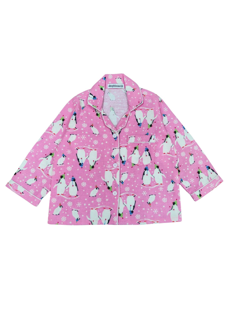 Bright Pink Penguin Cotton Flannel Long Sleeve Kids Night Suit