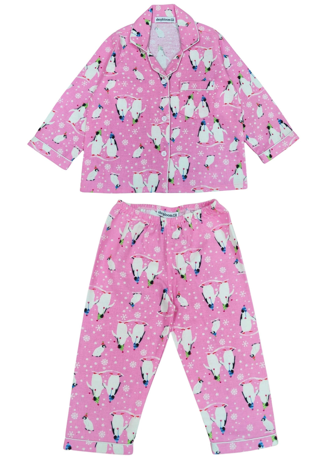 Bright Pink Penguin Cotton Flannel Long Sleeve Kids Night Suit