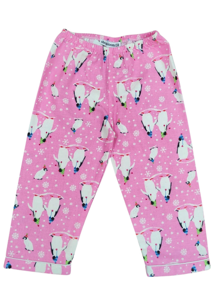 Bright Pink Penguin Cotton Flannel Long Sleeve Kids Night Suit