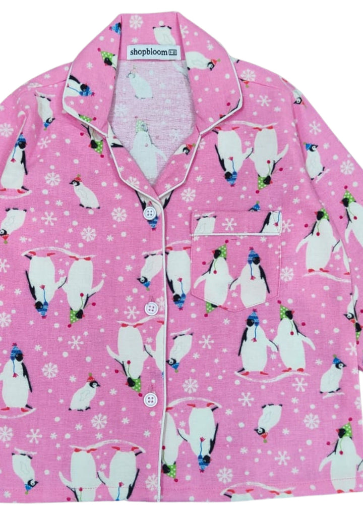 Bright Pink Penguin Cotton Flannel Long Sleeve Kids Night Suit