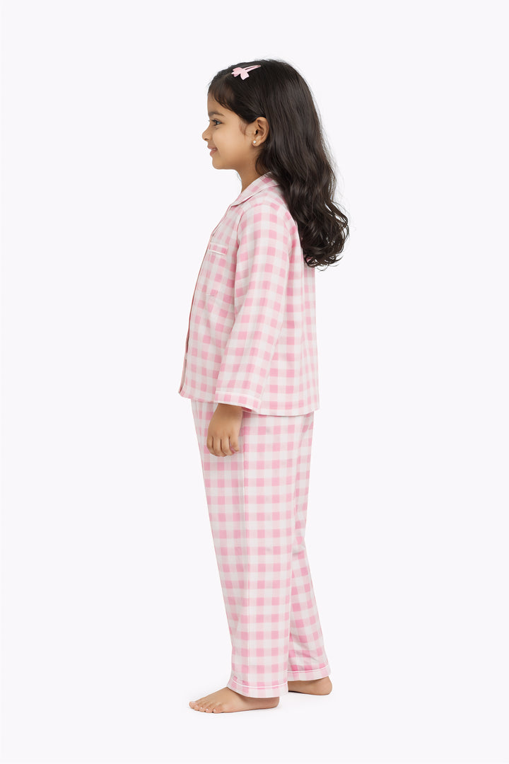 Blush Check Snuggles Print Long Sleeve Kids Night Suit