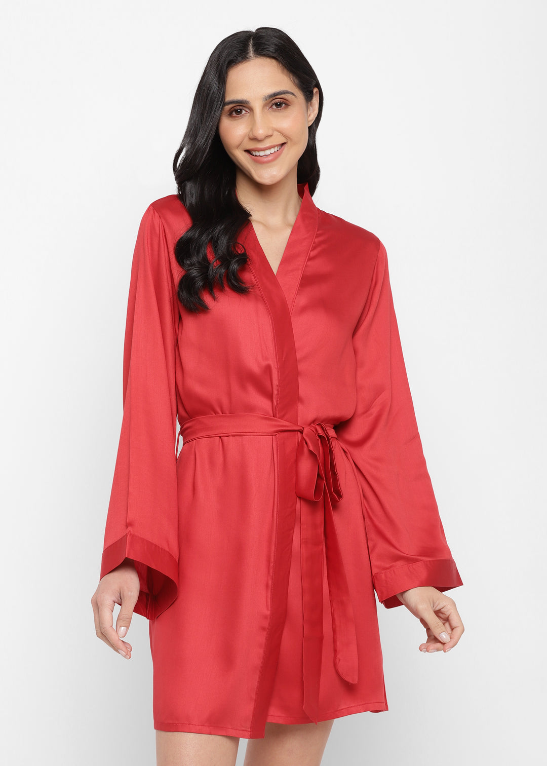 Red Modal Satin Robe with Tie - Main Image