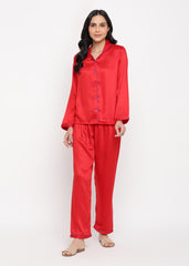 Ultra Soft Red Modal Satin Long Sleeve Women's Night Suit