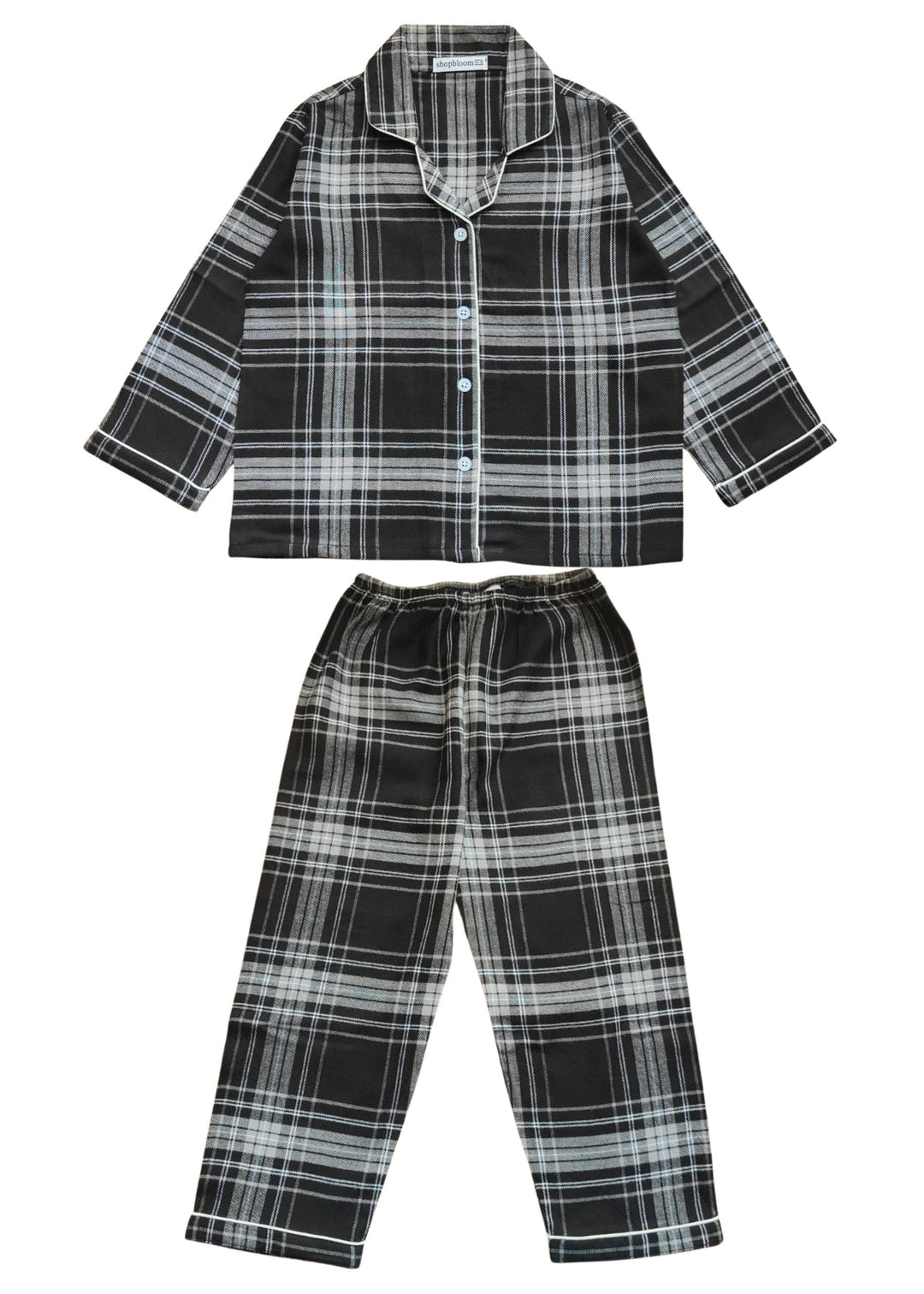 Black Checkered Cotton Flannel Long Sleeve Kids Night Suit