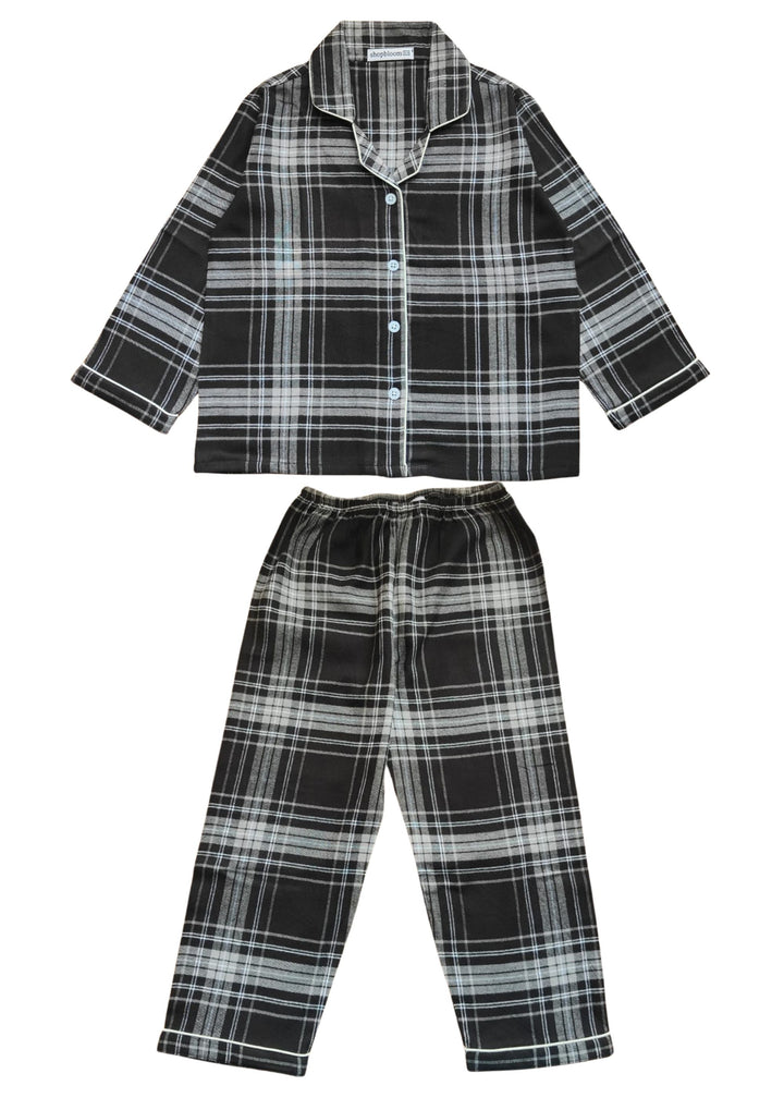 Black Checkered Cotton Flannel Long Sleeve Kids Night Suit