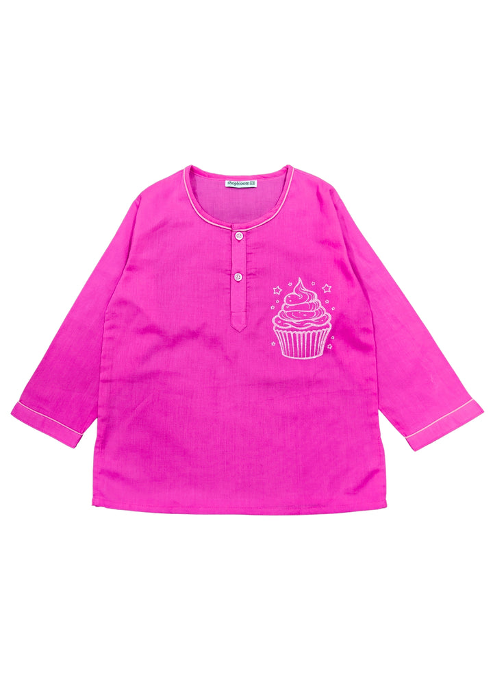 Cupcake Glitter Print Round Neck Long Sleeve Kids Night Suit