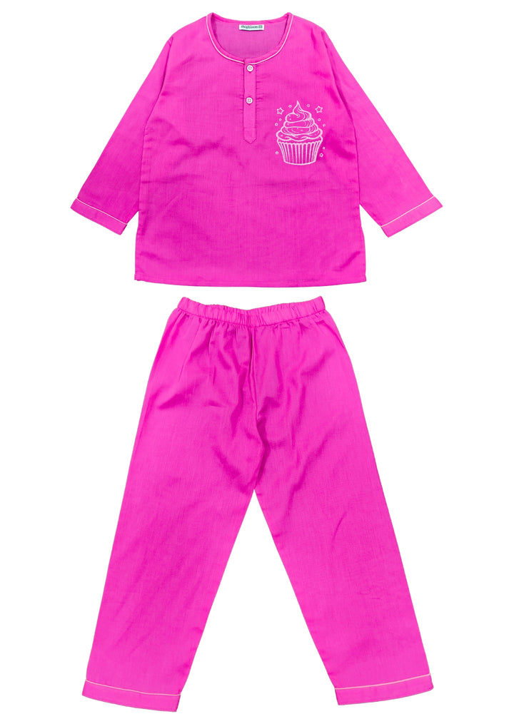 Cupcake Glitter Print Round Neck Long Sleeve Kids Night Suit