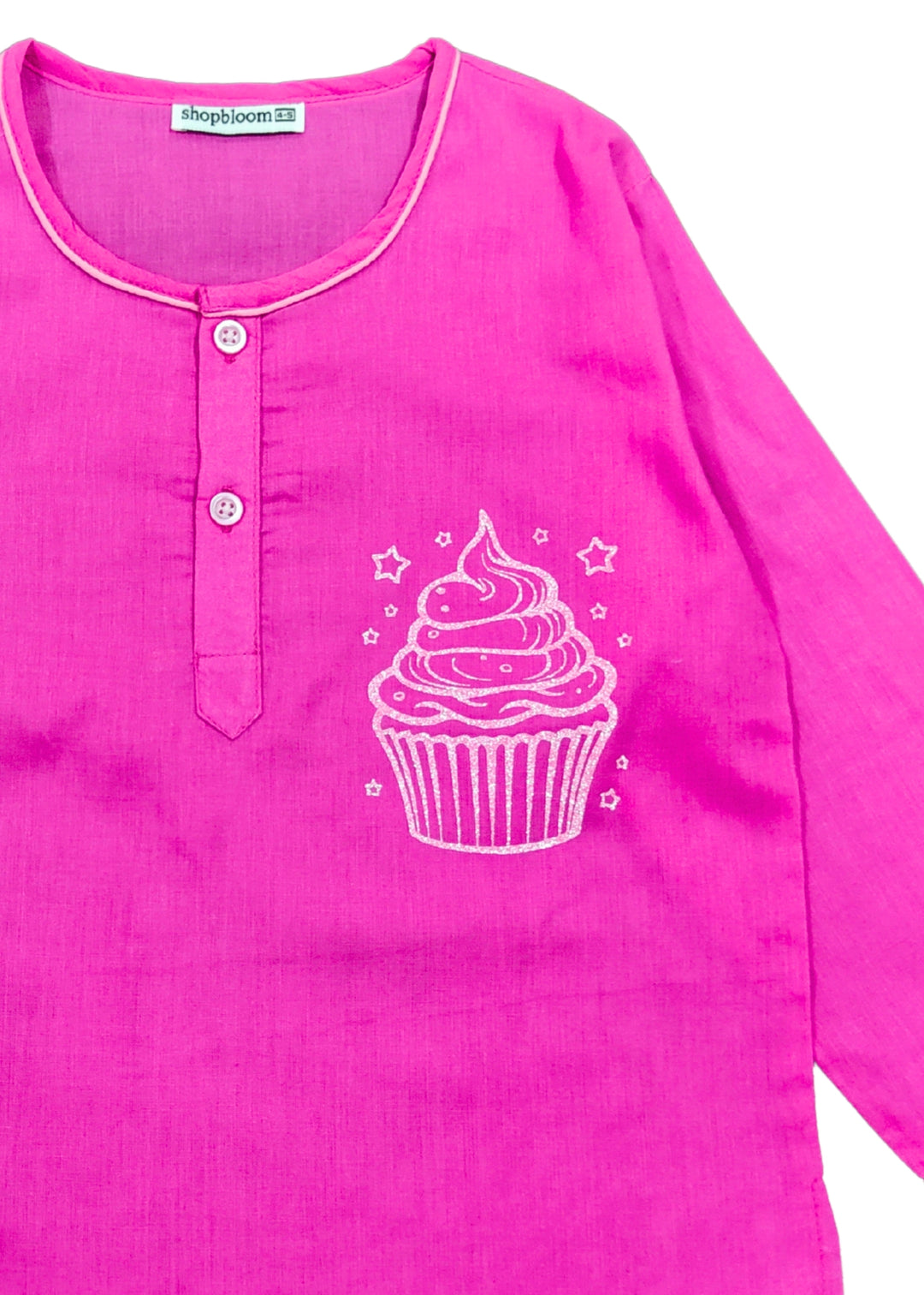 Cupcake Glitter Print Round Neck Long Sleeve Kids Night Suit