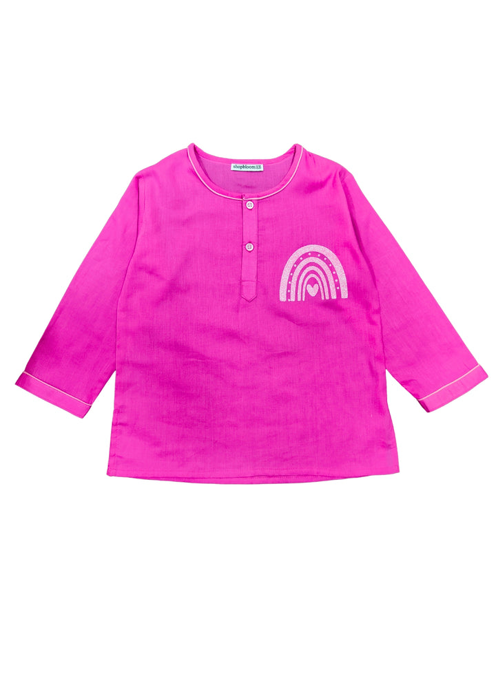 Rainbow Heart Glitter Print Round Neck Long Sleeve Kids Night Suit