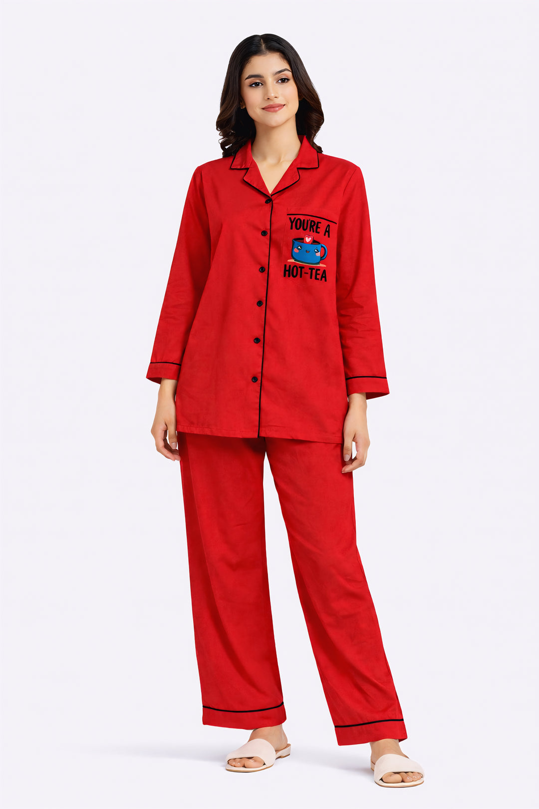 You're A Hot-Tea Red Print Long Sleeve Women's Night Suit