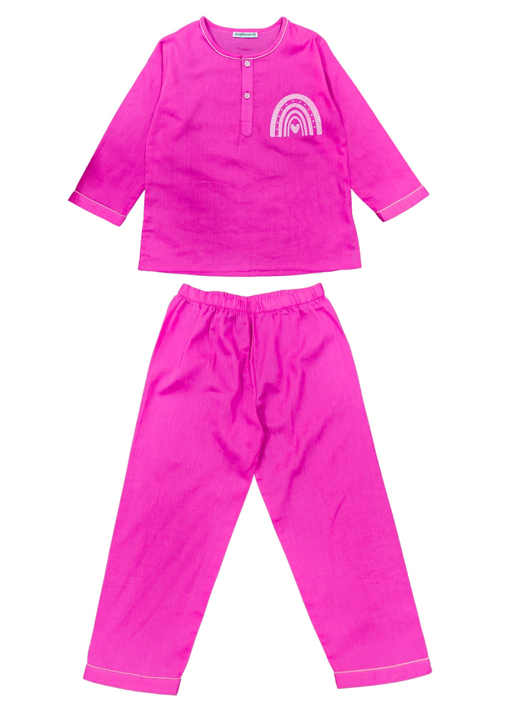 Rainbow Heart Glitter Print Round Neck Long Sleeve Kids Night Suit