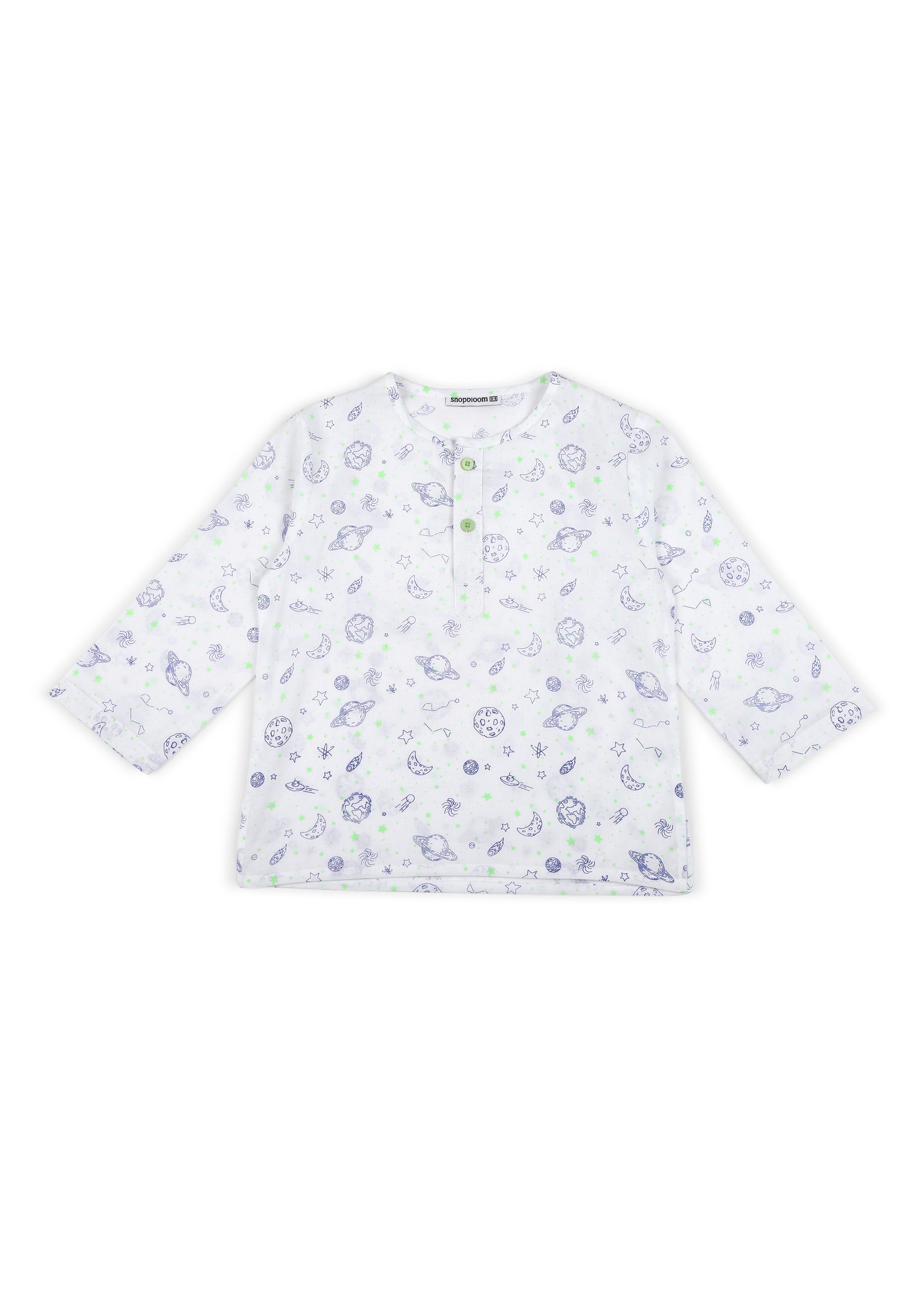 White Space Glow In The Dark Print Round Neck Long Sleeve Kids Night Suit