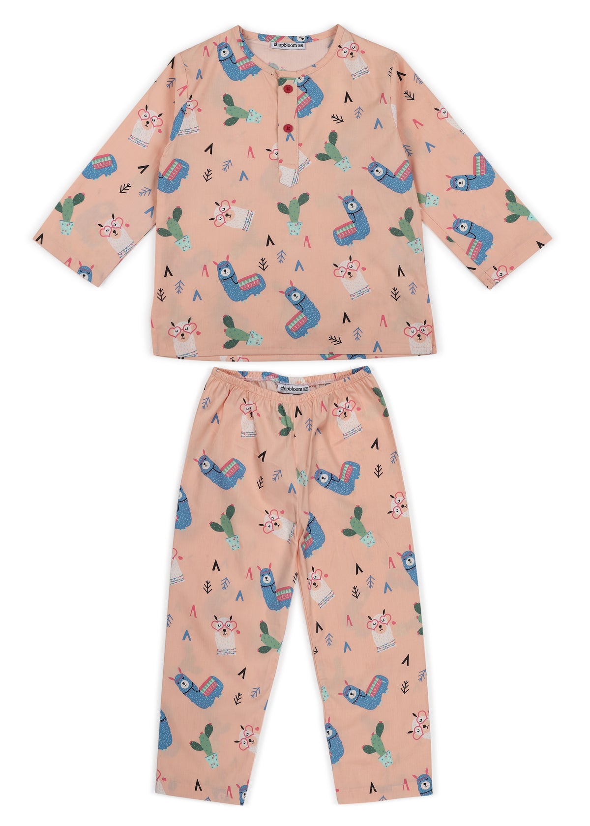 Baby Pink Llama Print Round Neck Long Sleeve Kid's Night Suit
