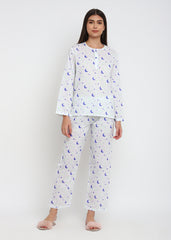 Glow in the Dark Star and Moon Print Long Sleeve Women Night Suit