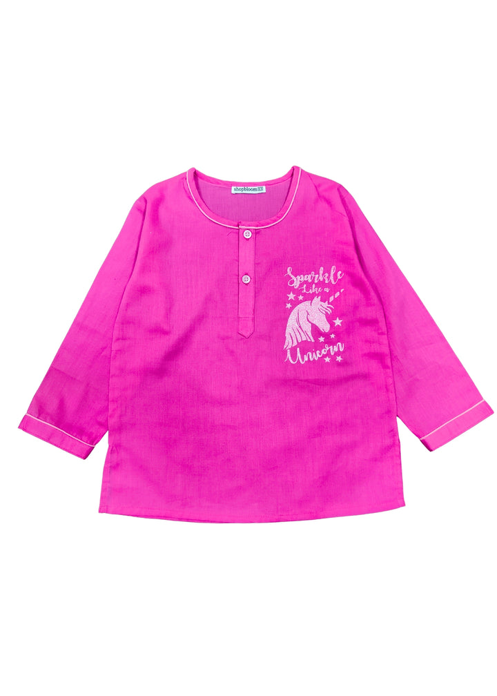 Sparkle Like A Unicorn Glitter Print Round Neck Long Sleeve Kids Night Suit
