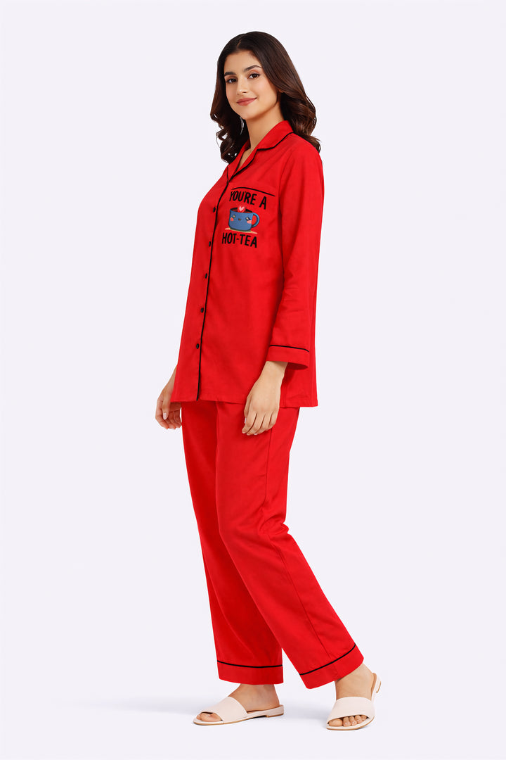 You're A Hot-Tea Red Print Long Sleeve Women's Night Suit