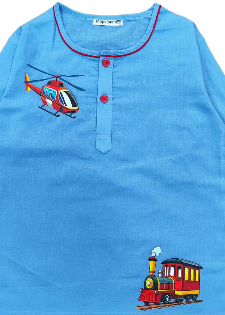 Sky & Tracks Print Round Neck Long Sleeve Kids Night Suit