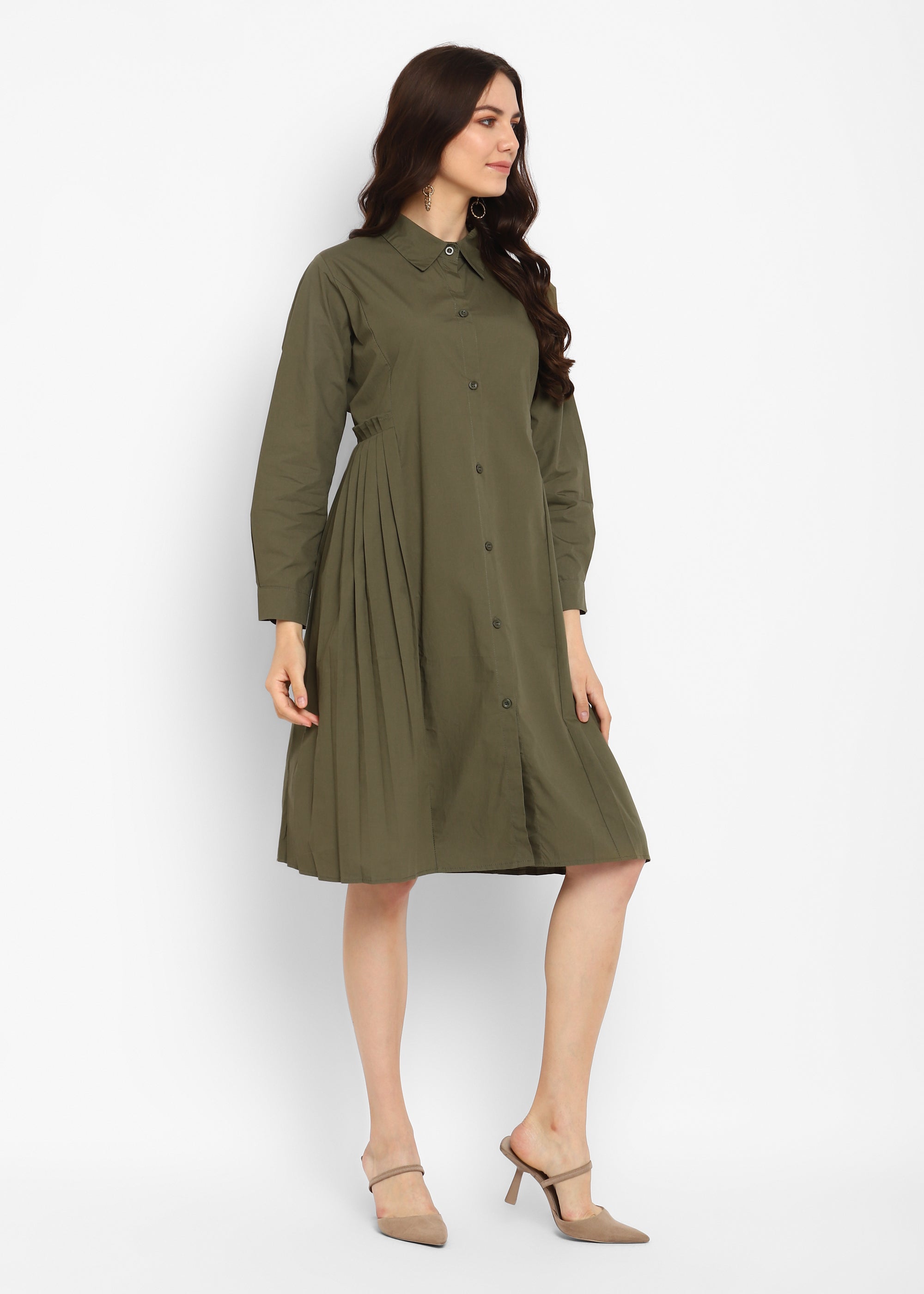Pleated Long Sleeve Button Down Dress