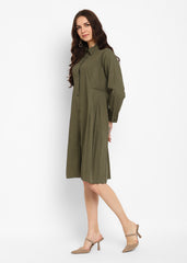 Pleated Long Sleeve Button Down Dress