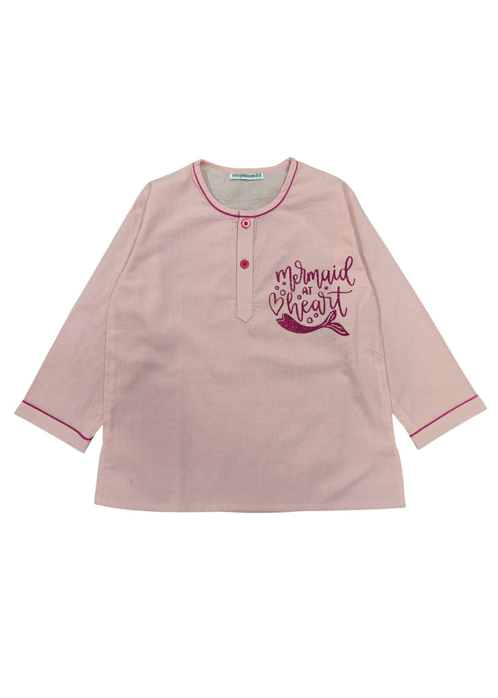 Mermaid At Heart Glitter Print Round Neck Long Sleeve Kids Night Suit